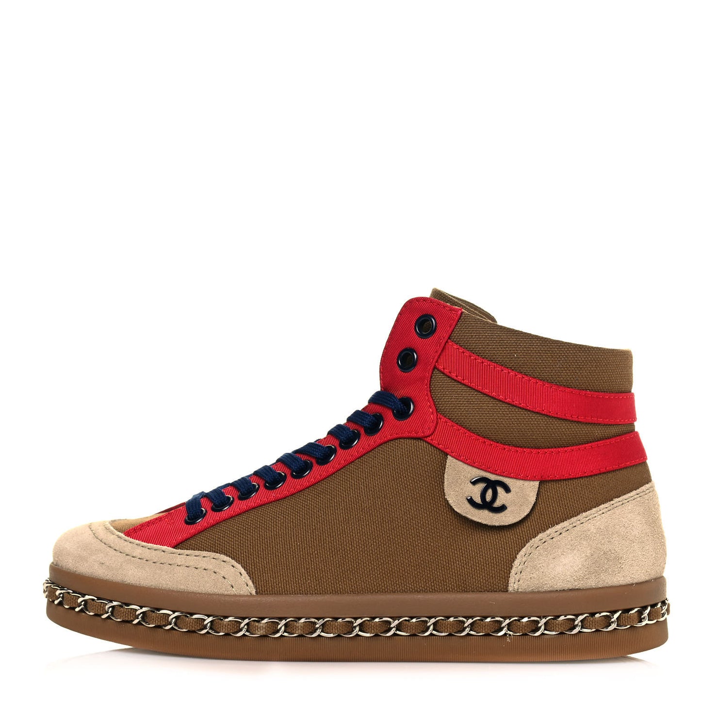 Suede Calfskin Canvas Grosgrain High Top Chain CC Sneakers 35 Brown Red
