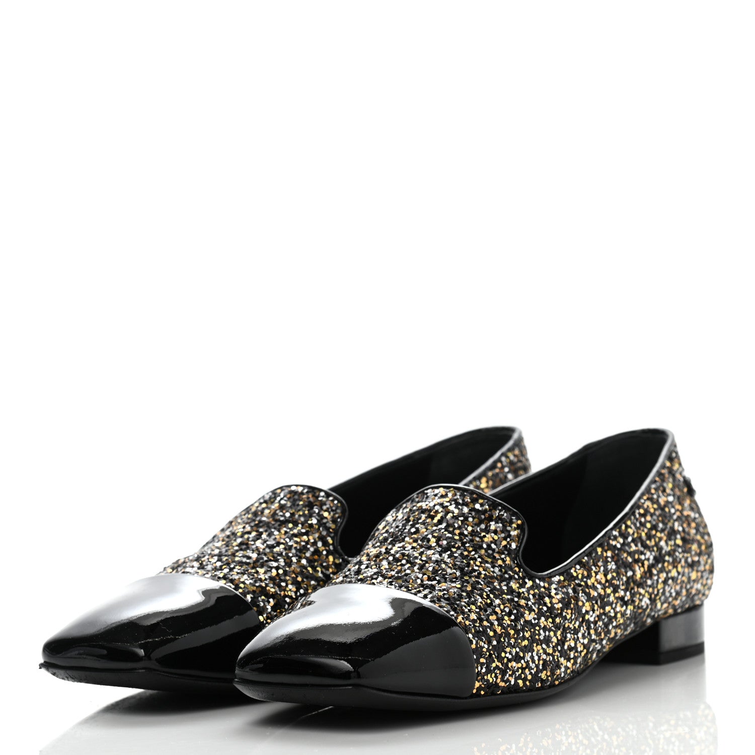 Chanel Glitter Fabric Patent Calfskin Moccasin Loafers 39 Black Bronze 3 of 8
