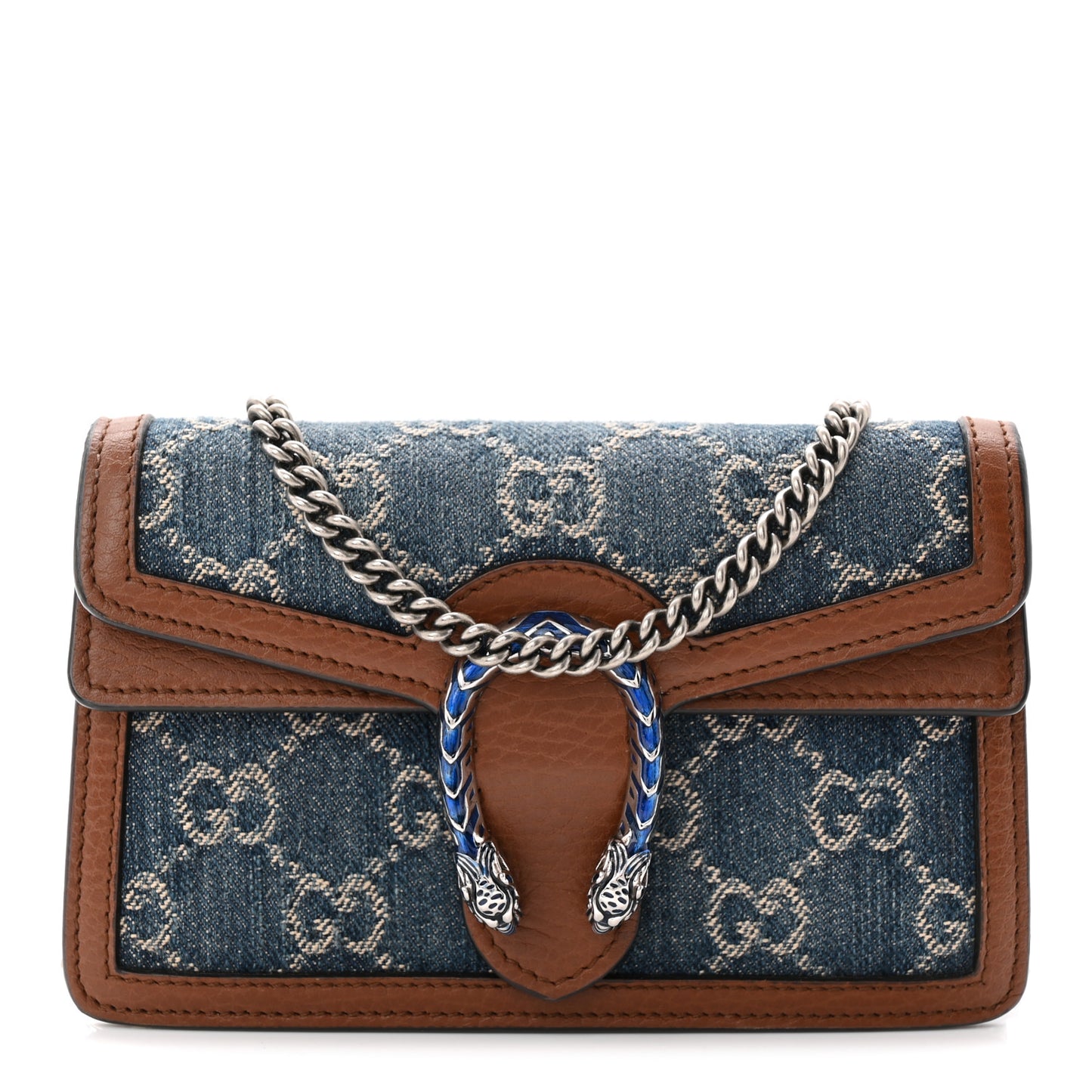 New Denim GG Monogram Dollar Calfskin Enamel Super Mini Dionysus Shoulder Bag Blue Tea Cuir Epilog Electric Blue