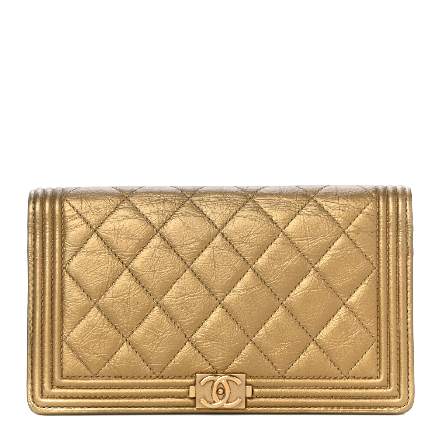 Metallic Aged Calfskin Quilted Boy Yen Wallet Gold