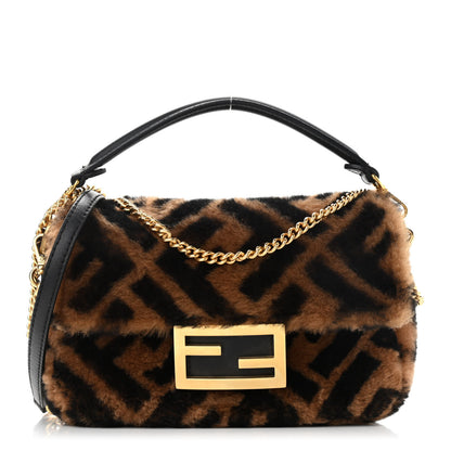 Fendi Shearling Vitello Dolce Macro FF 1974 Mini Baguette Tobacco Black 1 of 9
