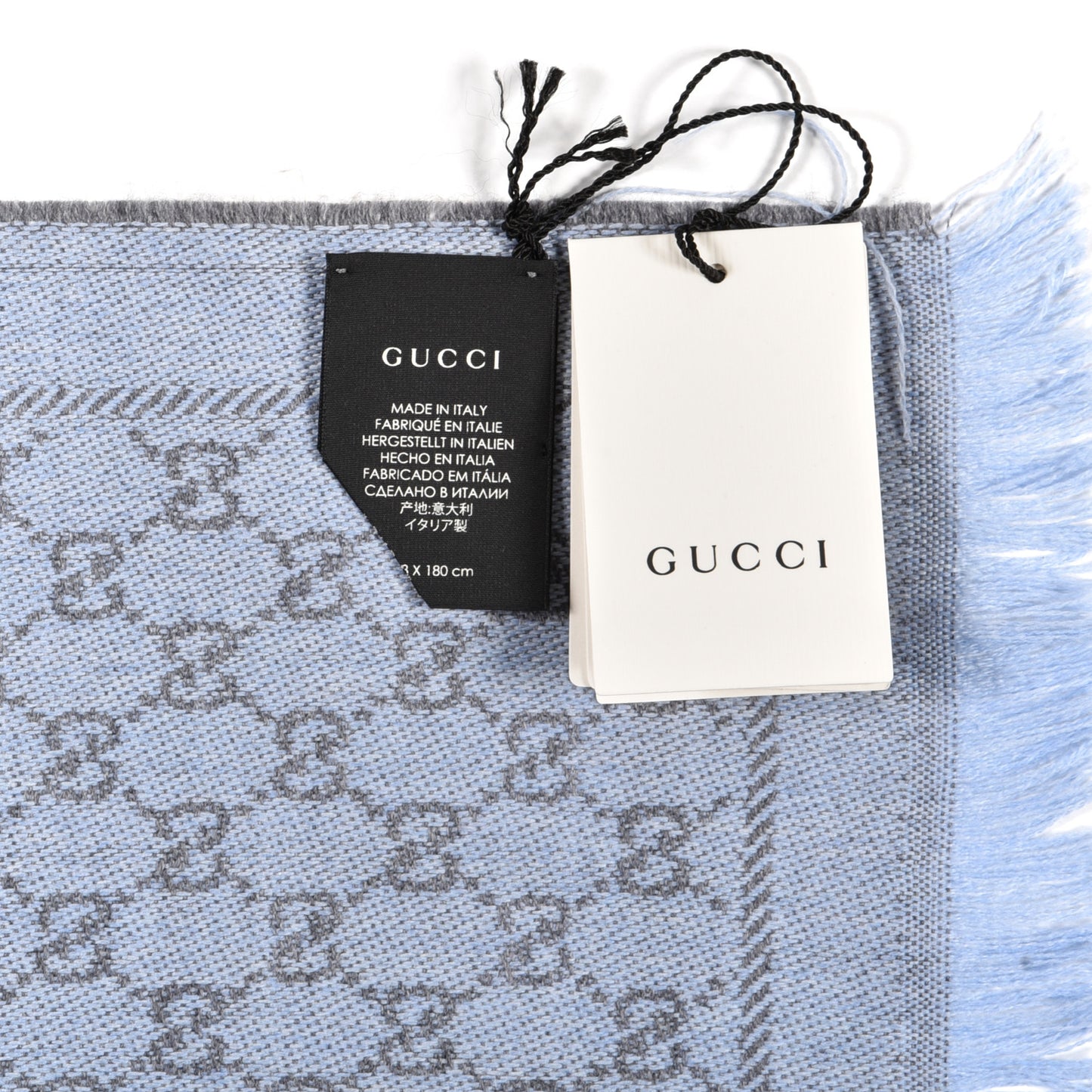 Wool GG Monogram Reversible New Sten Fringe Scarf Flannel Sky Blue