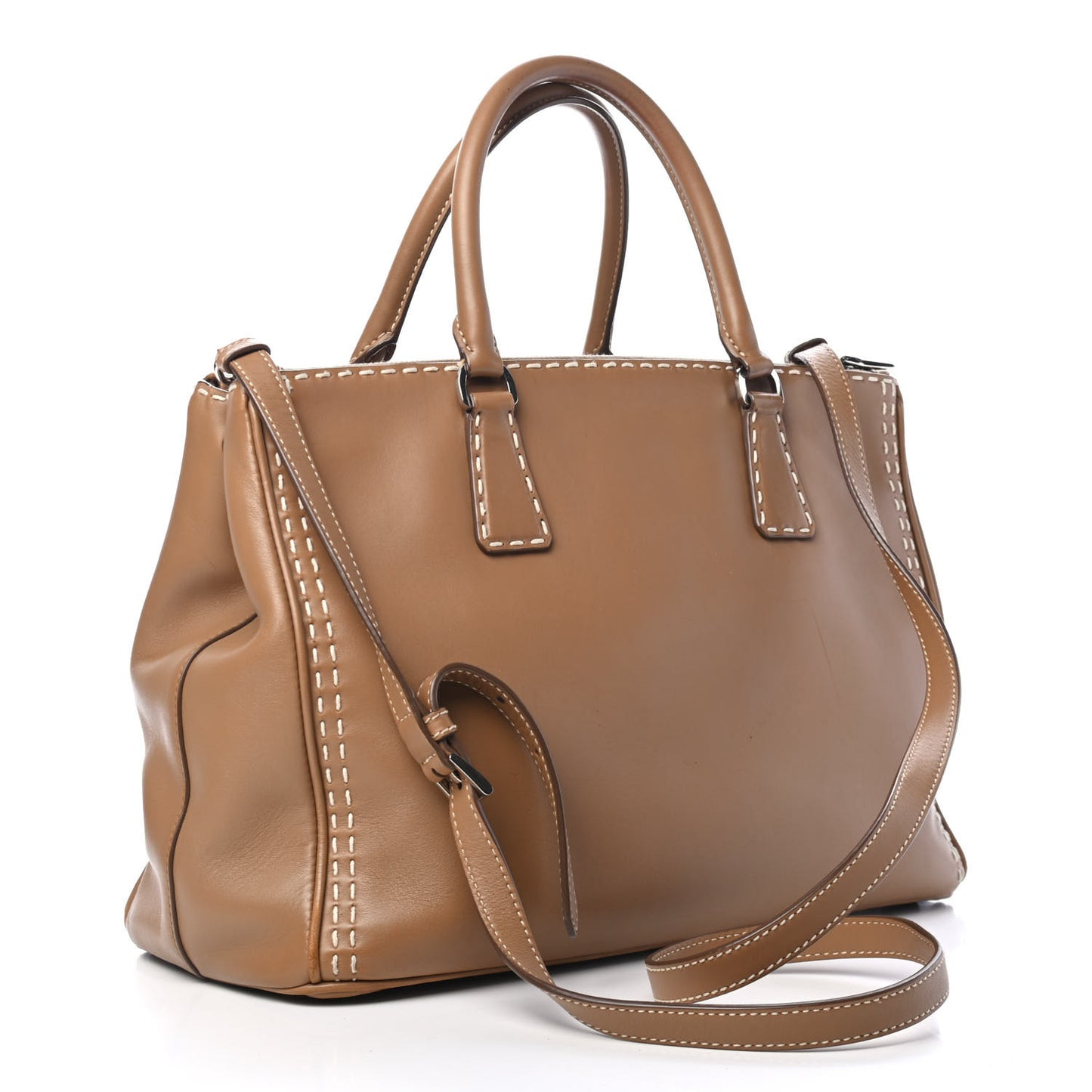 City Calf Hand Stitched Medium Galleria Double Zip Tote Caramel