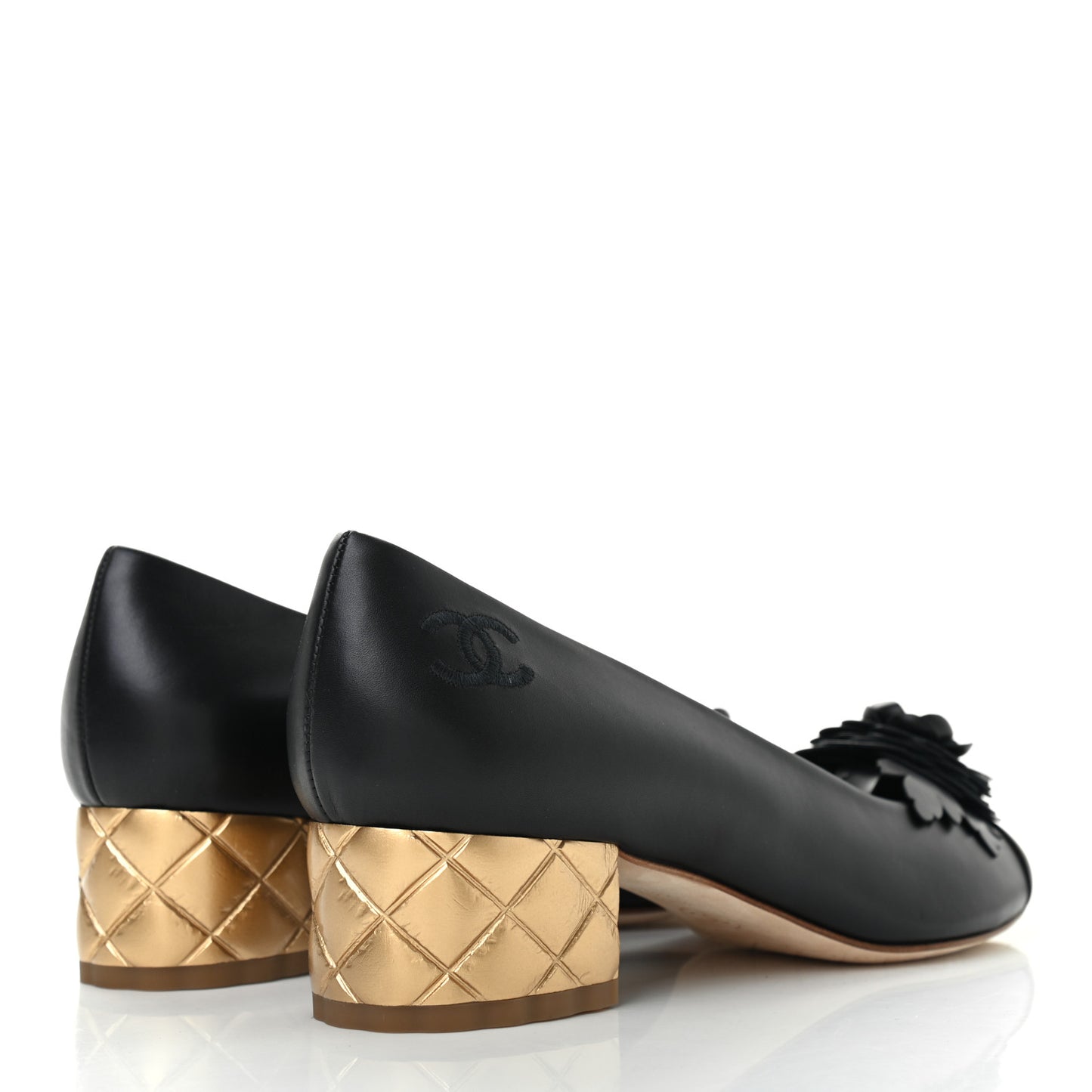 Calfskin Pearl Camellia Pumps 38.5 Black Gold