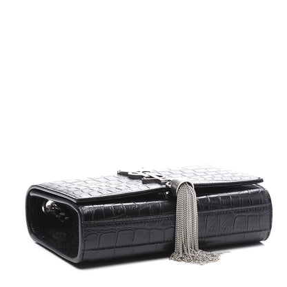 Saint Laurent Calfskin Crocodile Embossed Monogram Small Kate Tassel Satchel Black 3 of 8