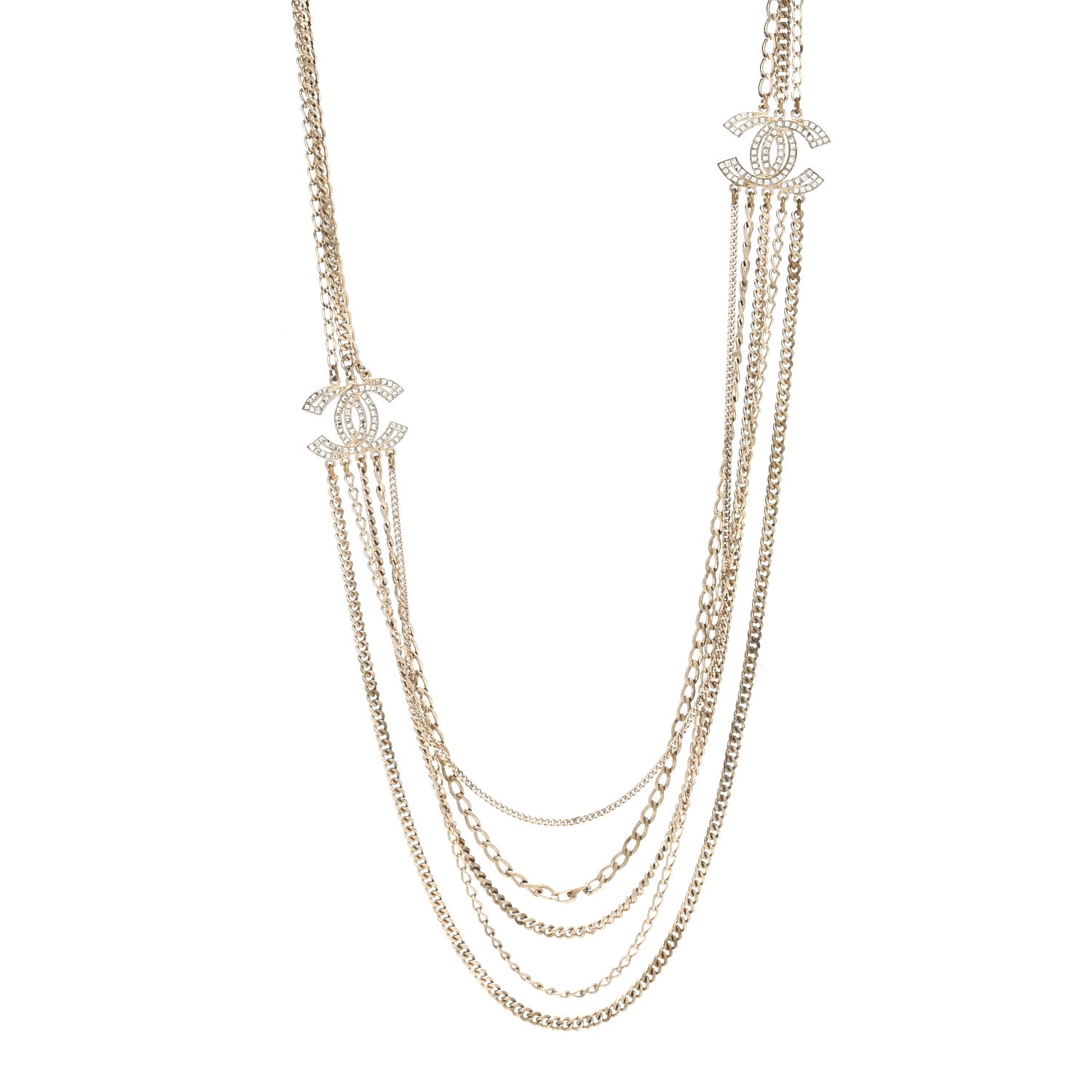 Chanel Multi Strand Chain Baguette Crystal CC Necklace Gold 1 of 5