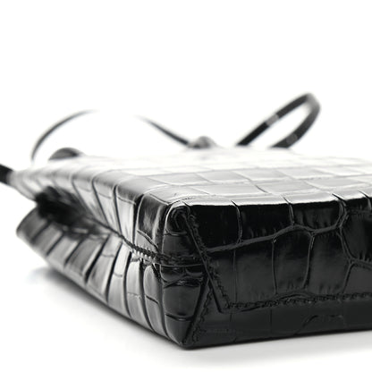 Balenciaga Calfskin Crocodile Embossed Logo Shopping Phone Holder Bag Black 7 of 8