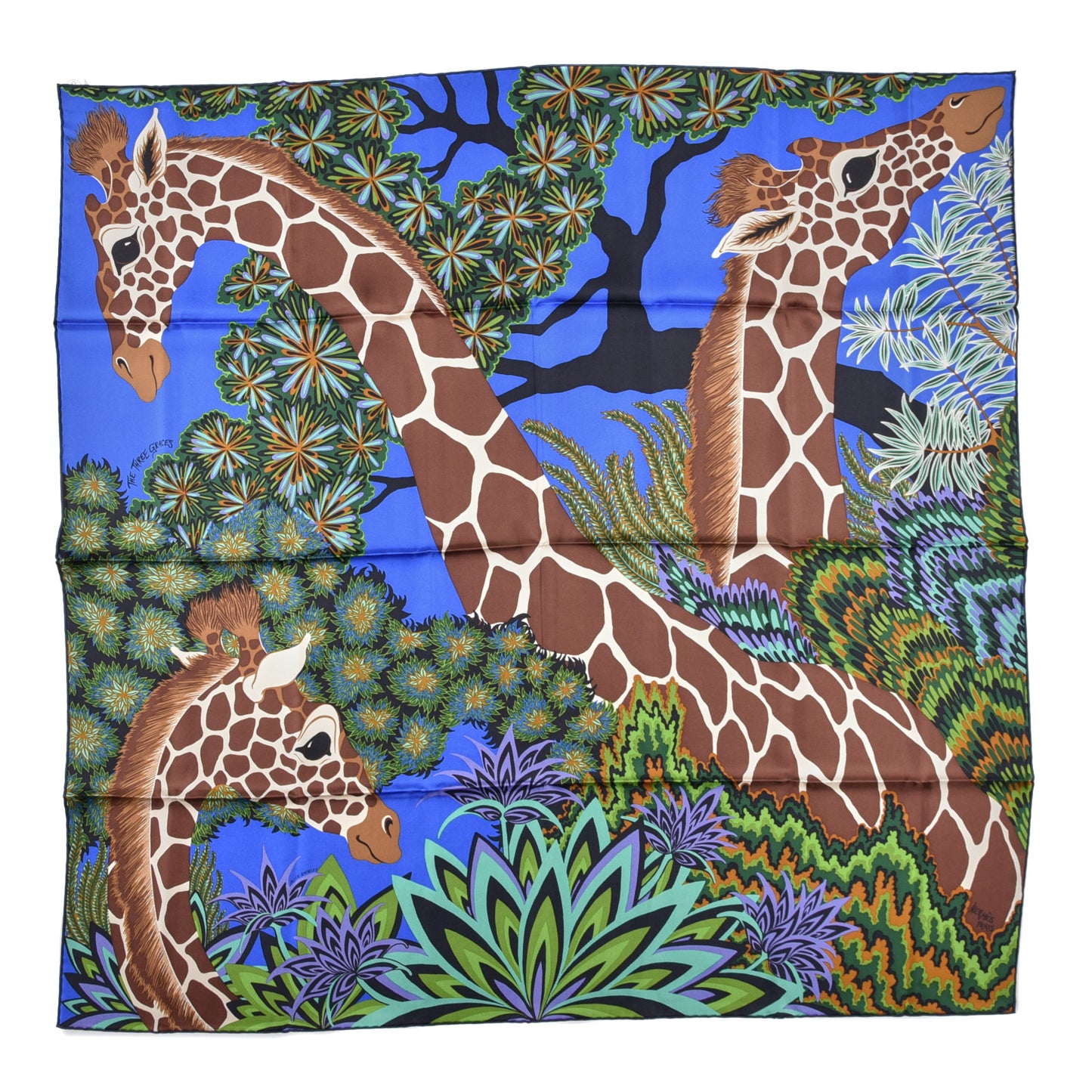 Silk The Three Graces Scarf 90 Bleu Vif Marron Vert
