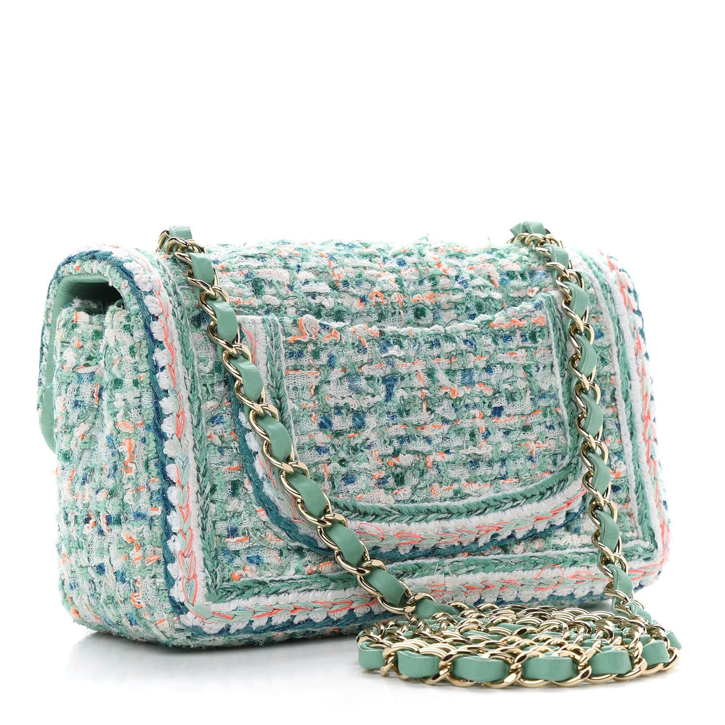 Tweed Quilted Mini Flap Green White Orange