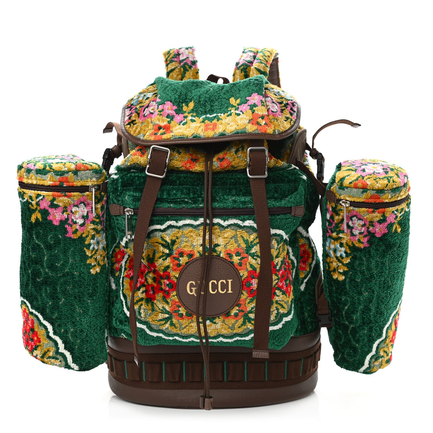 Gucci Velvet Jacquard Tapestry Script Logo Large Double Pocket Backpack Green Multicolor 1 of 12