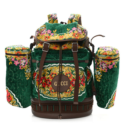 Gucci Velvet Jacquard Tapestry Script Logo Large Double Pocket Backpack Green Multicolor 1 of 12