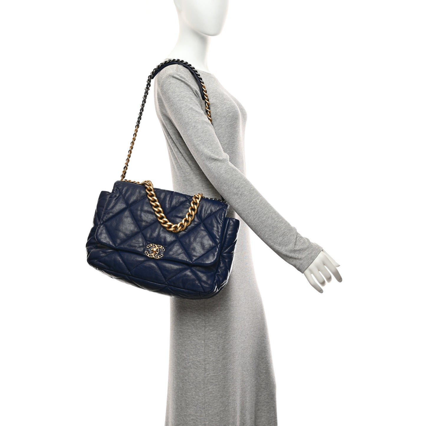 Goatskin Quilted Maxi Chanel 19 Flap Navy Blue