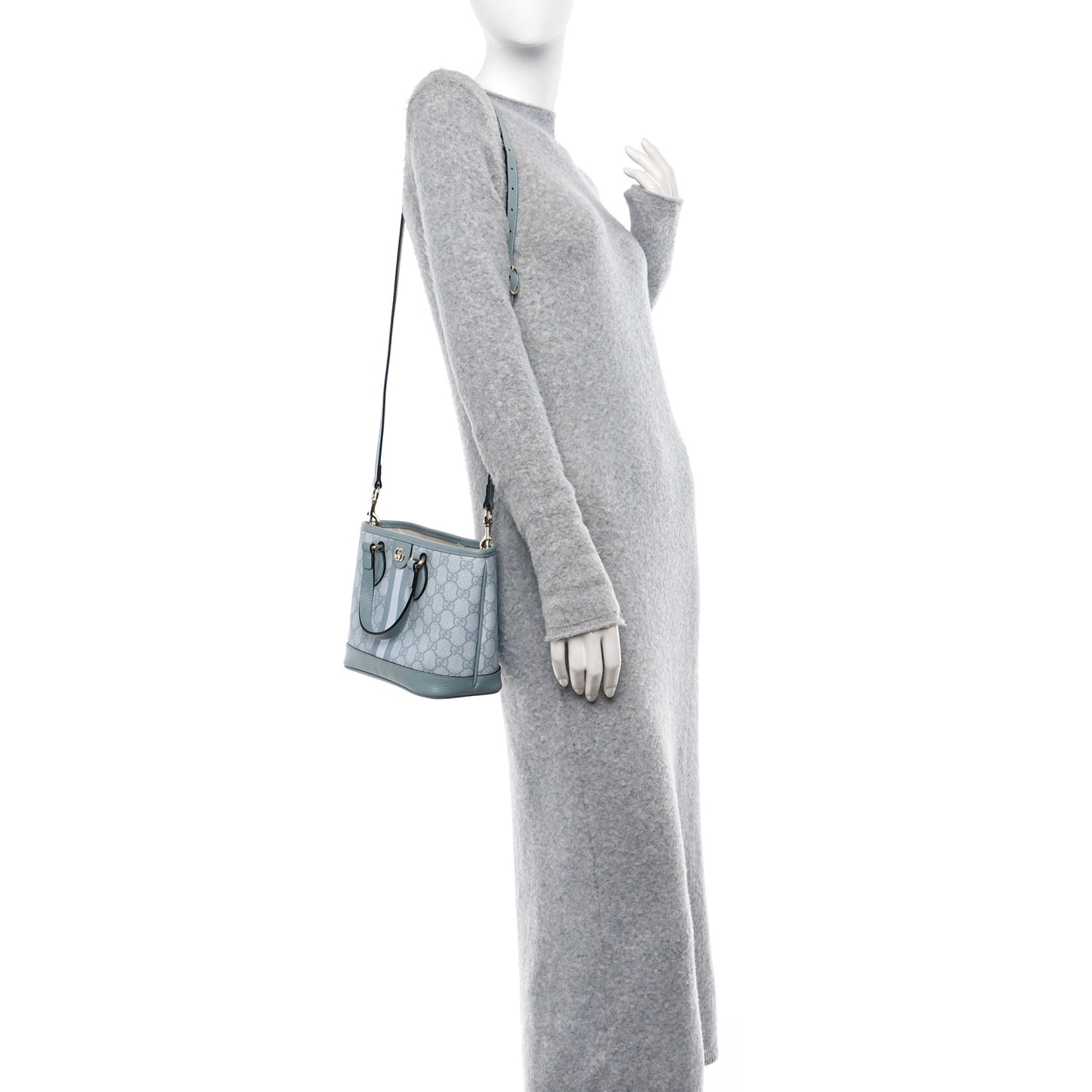 GG Supreme Monogram Textured Dollar Calfskin Mini Ophidia Shoulder Tote Bag Dusty Blue