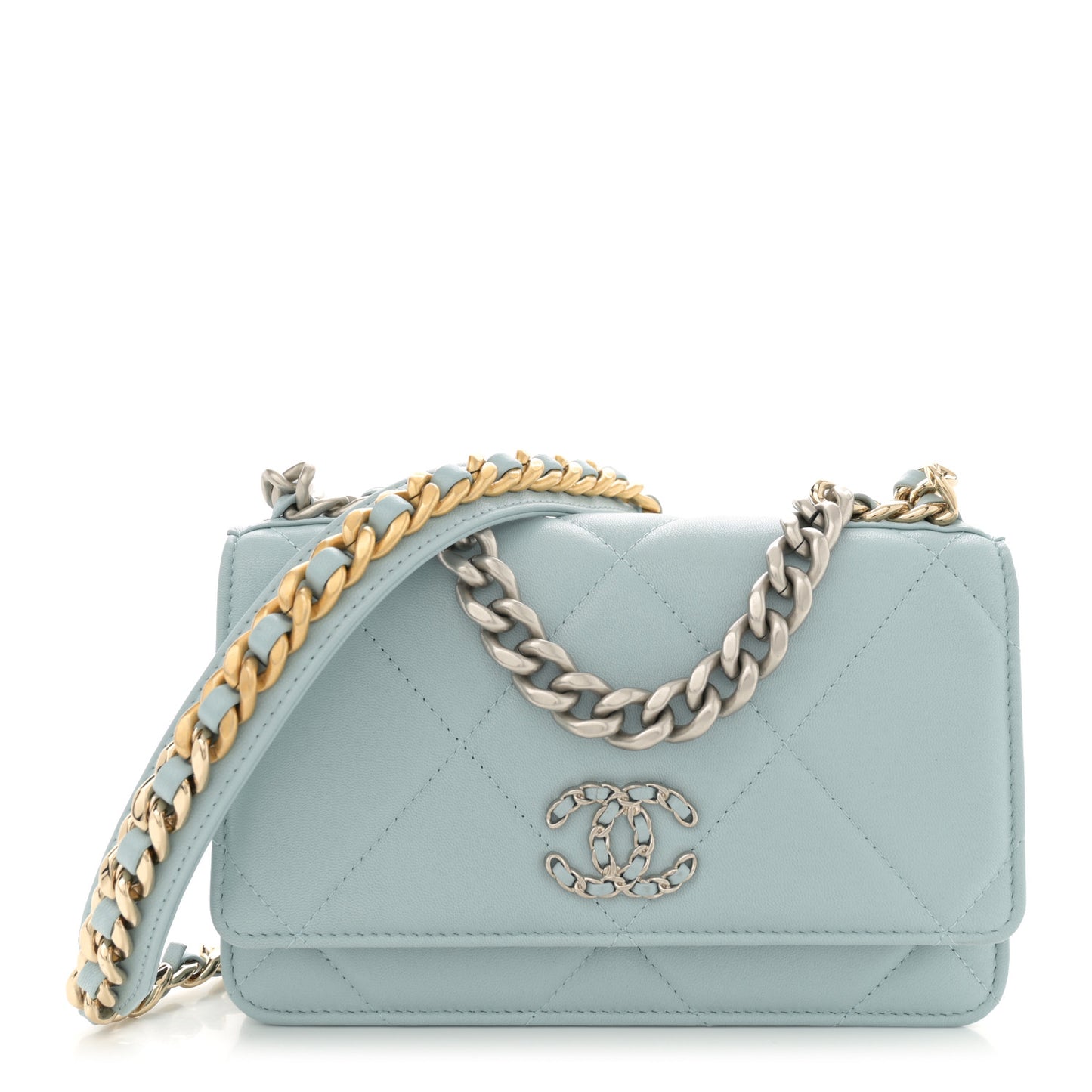 Lambskin Quilted Chanel 19 Wallet On Chain WOC Light Blue