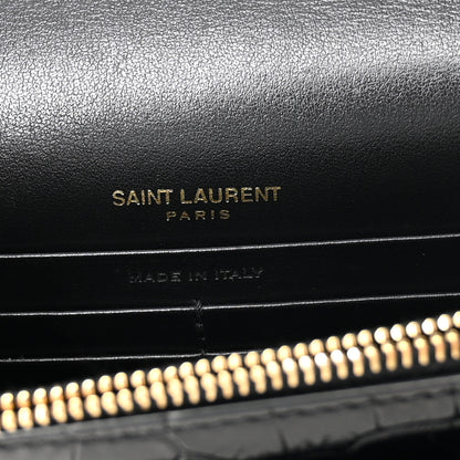 Saint Laurent Calfskin Crocodile Embossed Monogram Sunset Top Handle Chain Wallet Black 9 of 16