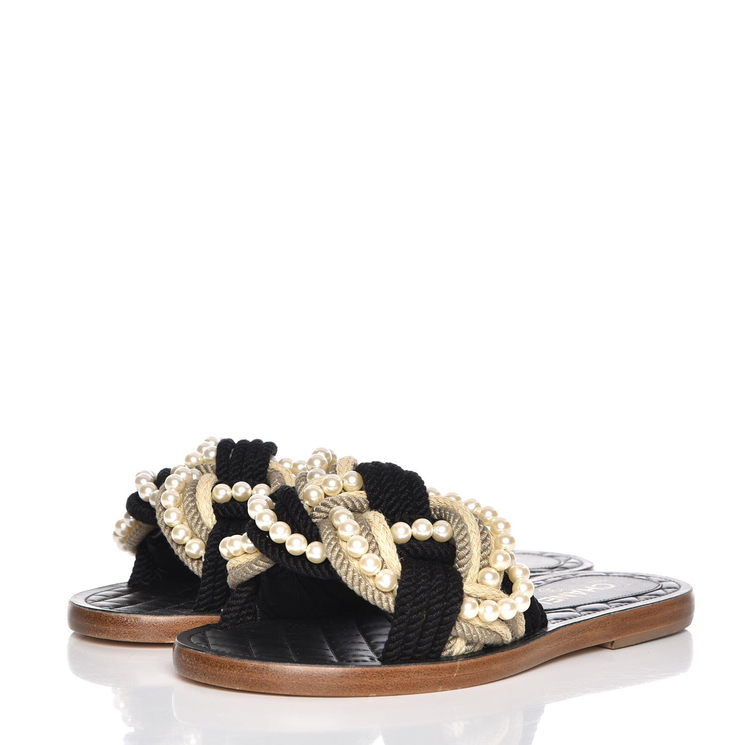 Chanel Lambskin Pearl Cord CC Mules 37 Black Beige 3 of 8