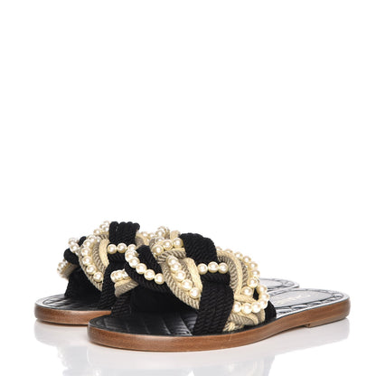 Chanel Lambskin Pearl Cord CC Mules 37 Black Beige 3 of 8