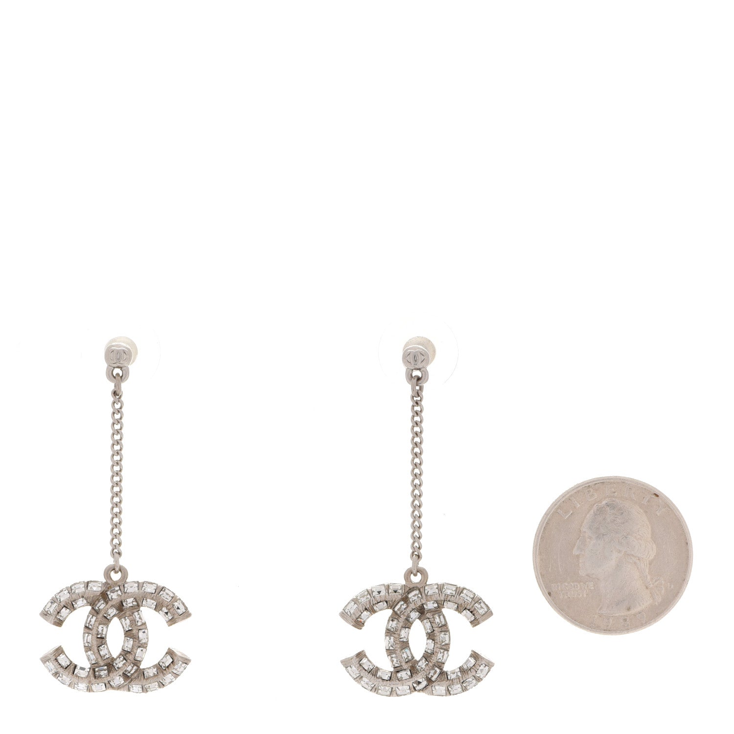 Chanel Baguette Crystal CC Drop Earrings Silver 2 of 5