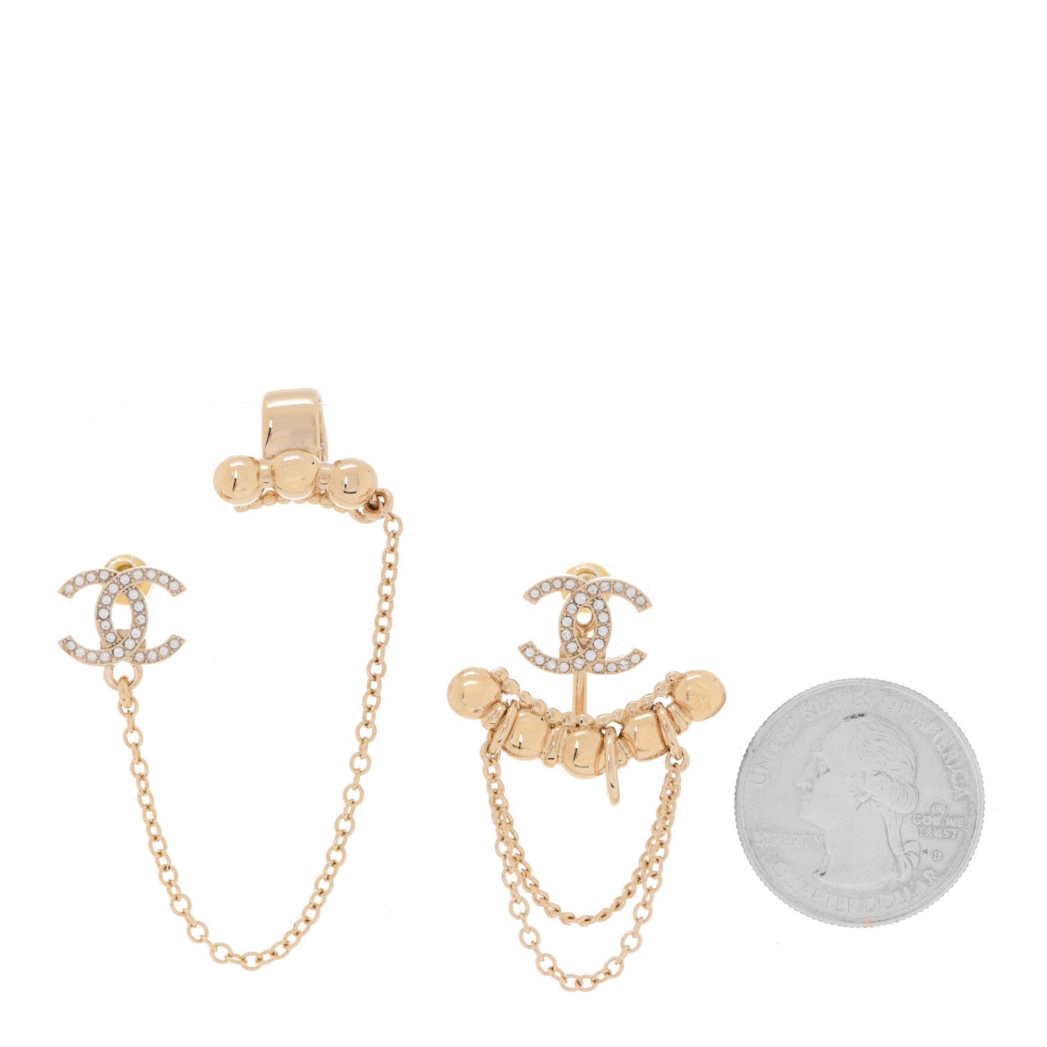 Chanel Metal Crystal CC Chain Cuff Earrings Gold 2 of 5