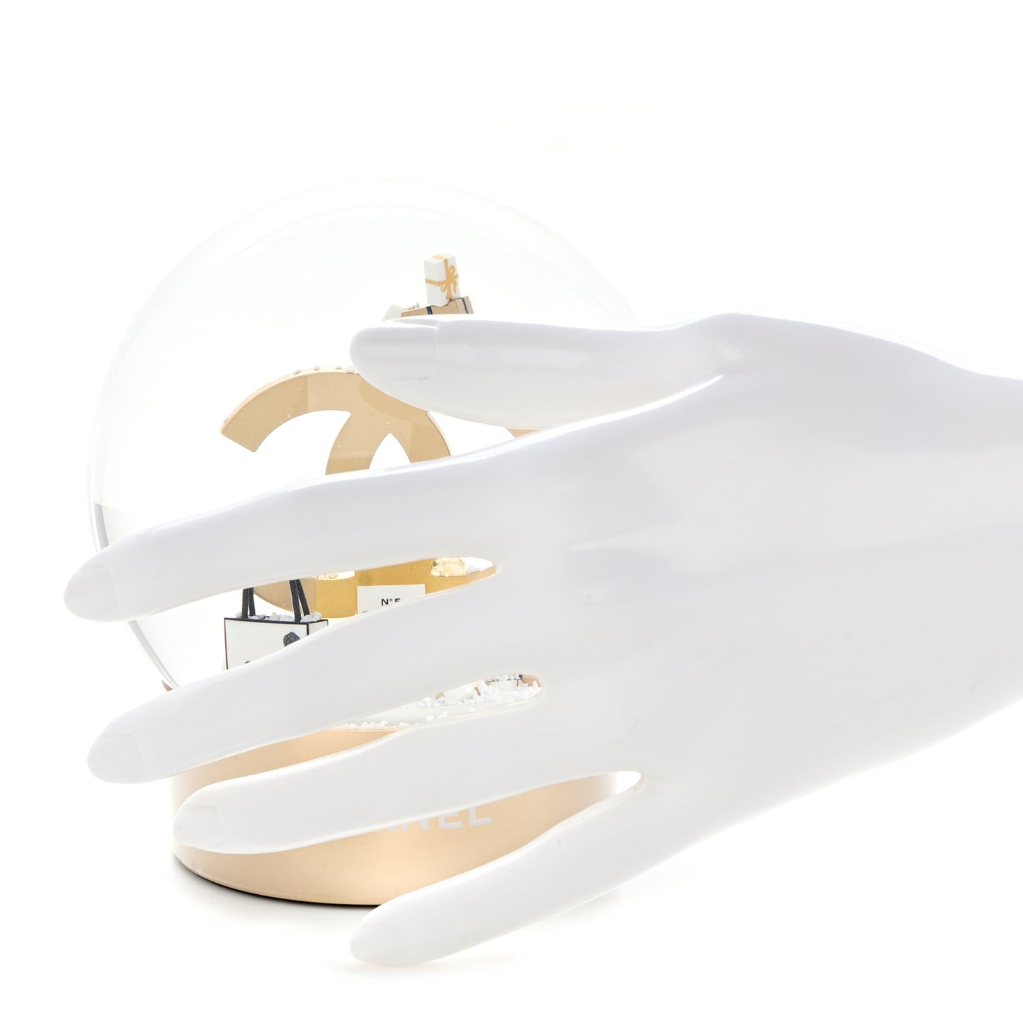Glass CC Shopping Bag Snow Globe Gold