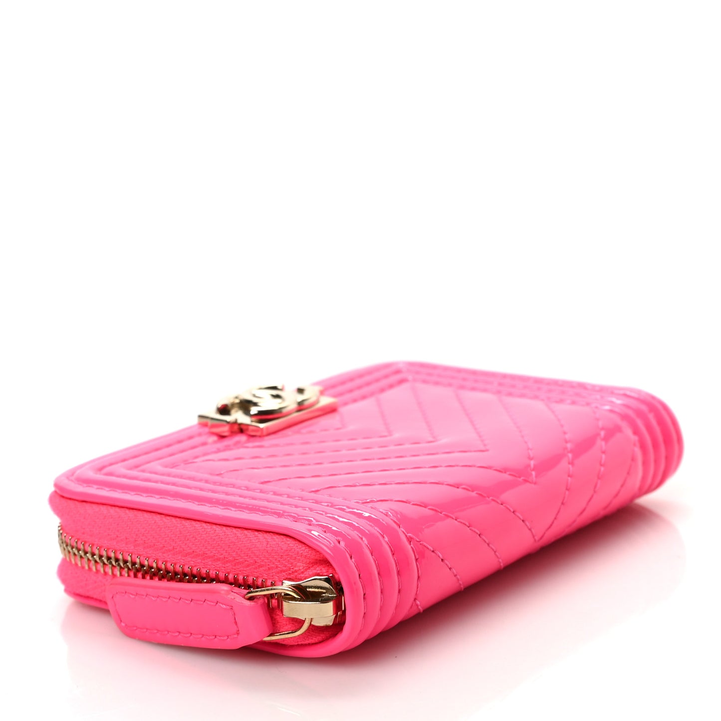Patent Chevron Quilted Zip Around Boy Coin Purse Wallet Neon Pink