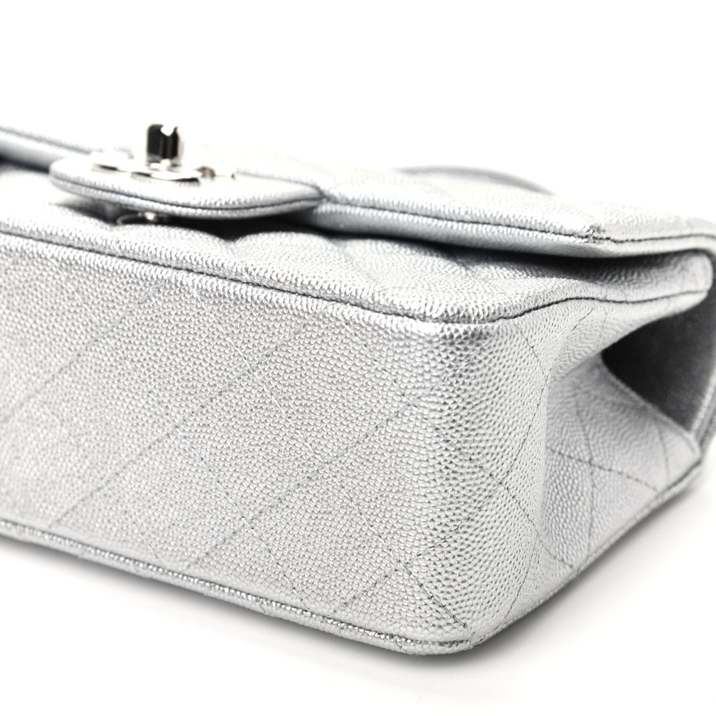 Metallic Caviar Quilted Mini Top Handle Rectangular Flap Silver