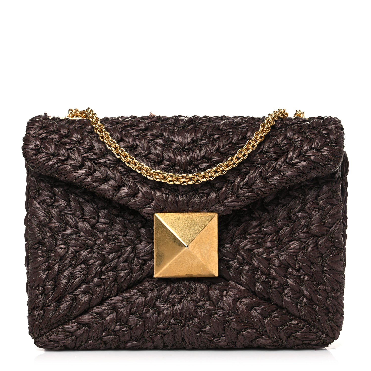 Valentino Garavani Raffia One Stud Chain Clutch Dark Brown 1 of 8