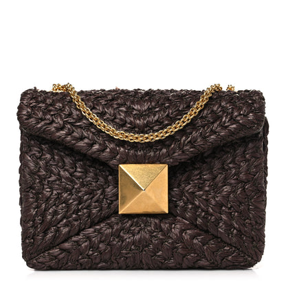 Valentino Garavani Raffia One Stud Chain Clutch Dark Brown 1 of 8