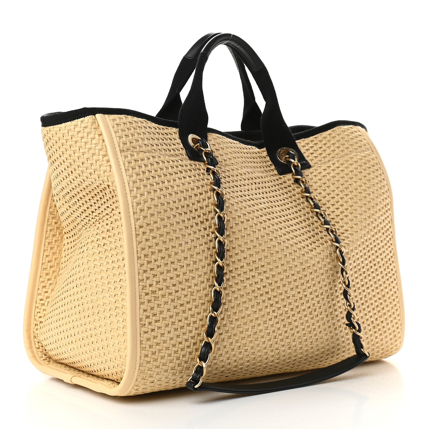 Straw Raffia Calfskin Chain Medium Deauville Tote Beige Black