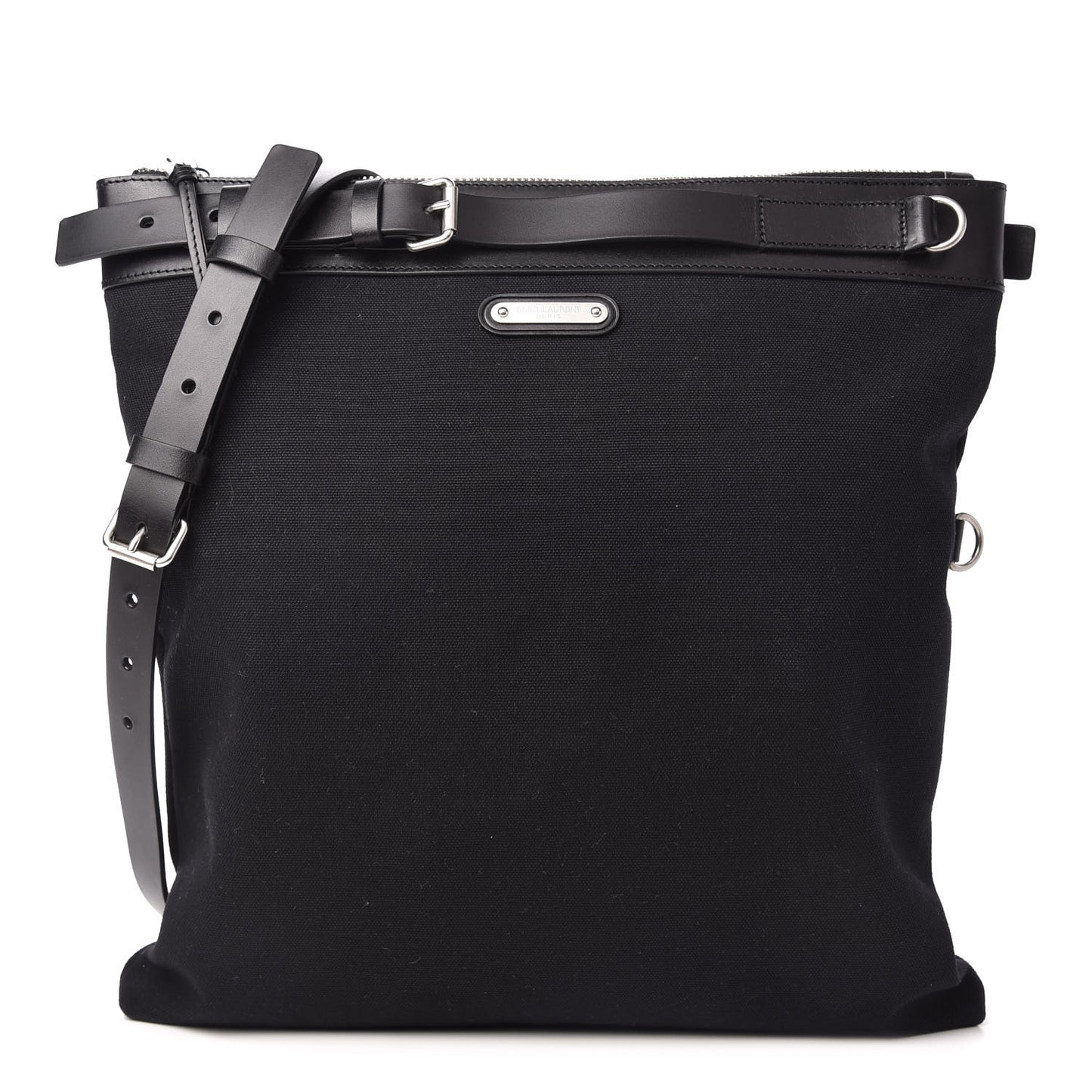 Canvas Calfskin Belted Flat Messenger Bag Black