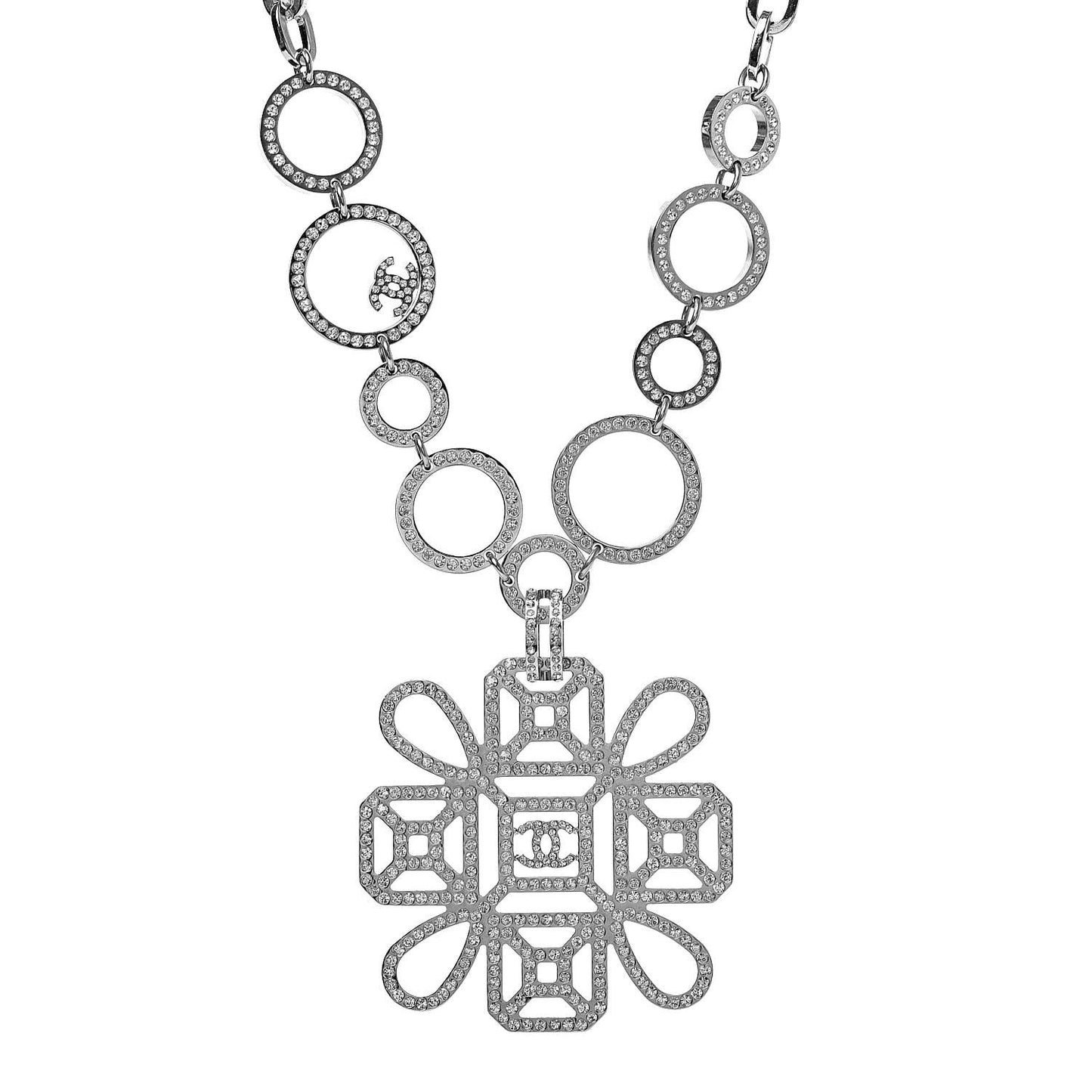 Crystal Strass Cross CC Necklace Silver