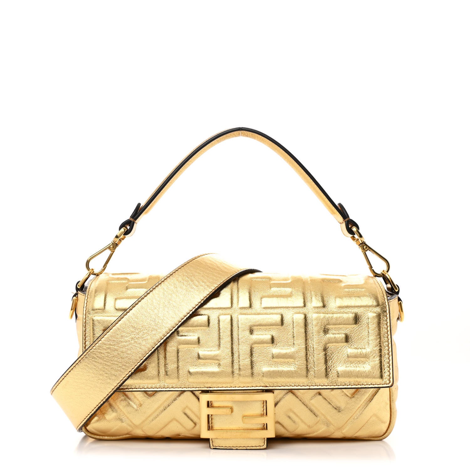 Fendi Vitello Catalan Mirror FF 1974 Embossed Baguette Gold 1 of 13