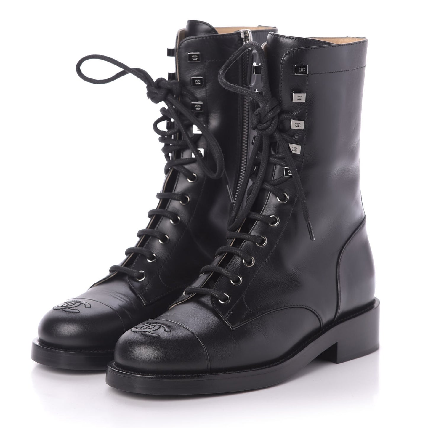 Calfskin Lace Up Combat Boots 37.5 Black