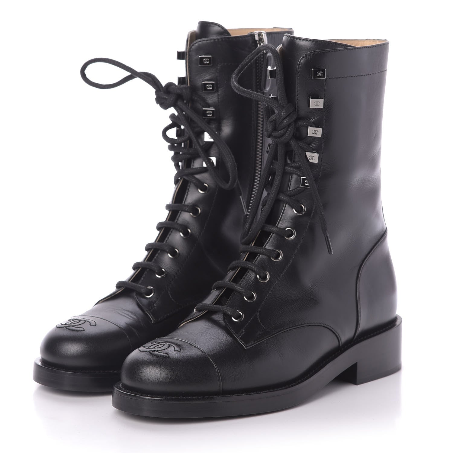 Chanel Calfskin Lace Up Combat Boots 37.5 Black 2 of 8