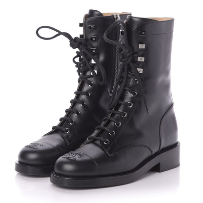 Chanel Calfskin Lace Up Combat Boots 37.5 Black 2 of 8
