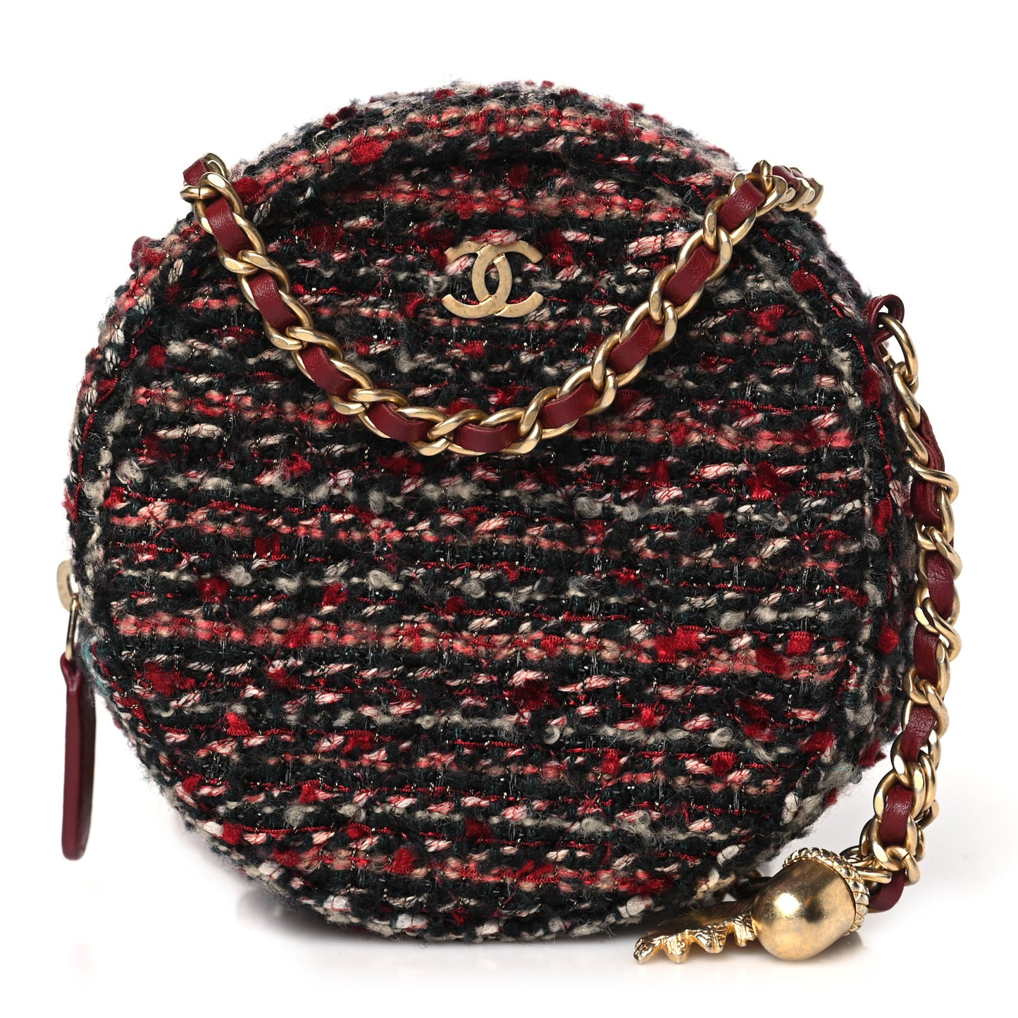 Tweed Quilted Round Clutch With Chain Red