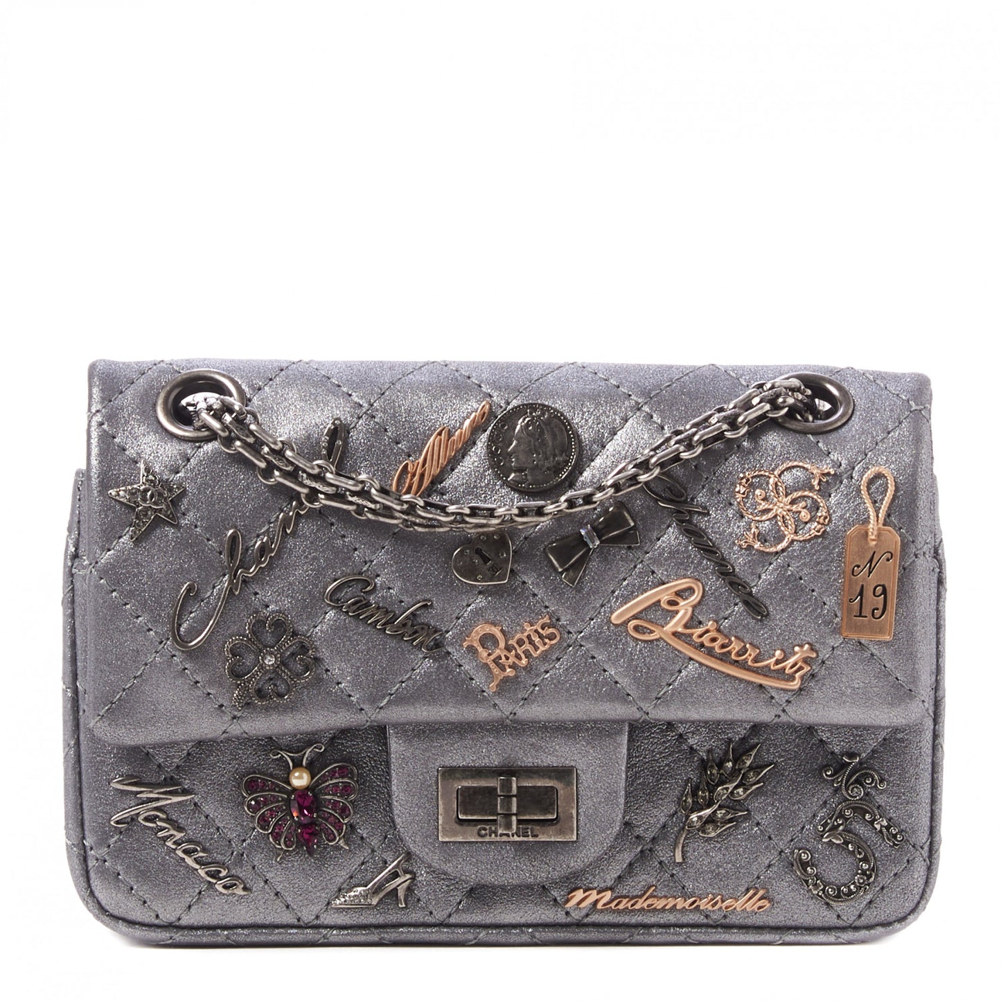 Metallic Calfskin Quilted Lucky Charms 2.55 Reissue 224 Flap Dark Silver