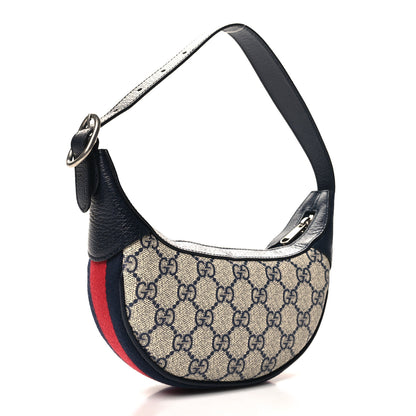 Gucci GG Supreme Monogram Textured Dollar Calfskin Web Mini Ophidia Half Moon Hobo Beige Blue 3 of 12
