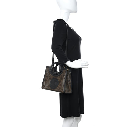 Fendi Glazed Fabric Vitello Century Plexiglass FF 1974 Stamp Patch Small Runaway Shopper Tote Mogano Panna Black 2 of 10