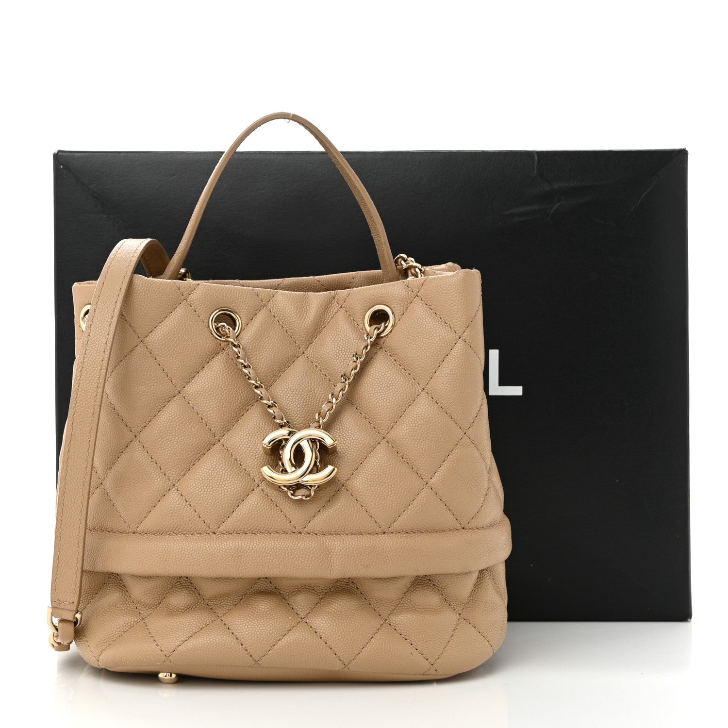Chanel Caviar Quilted Rolled Up Bucket Drawstring Bag Beige 12 of 12