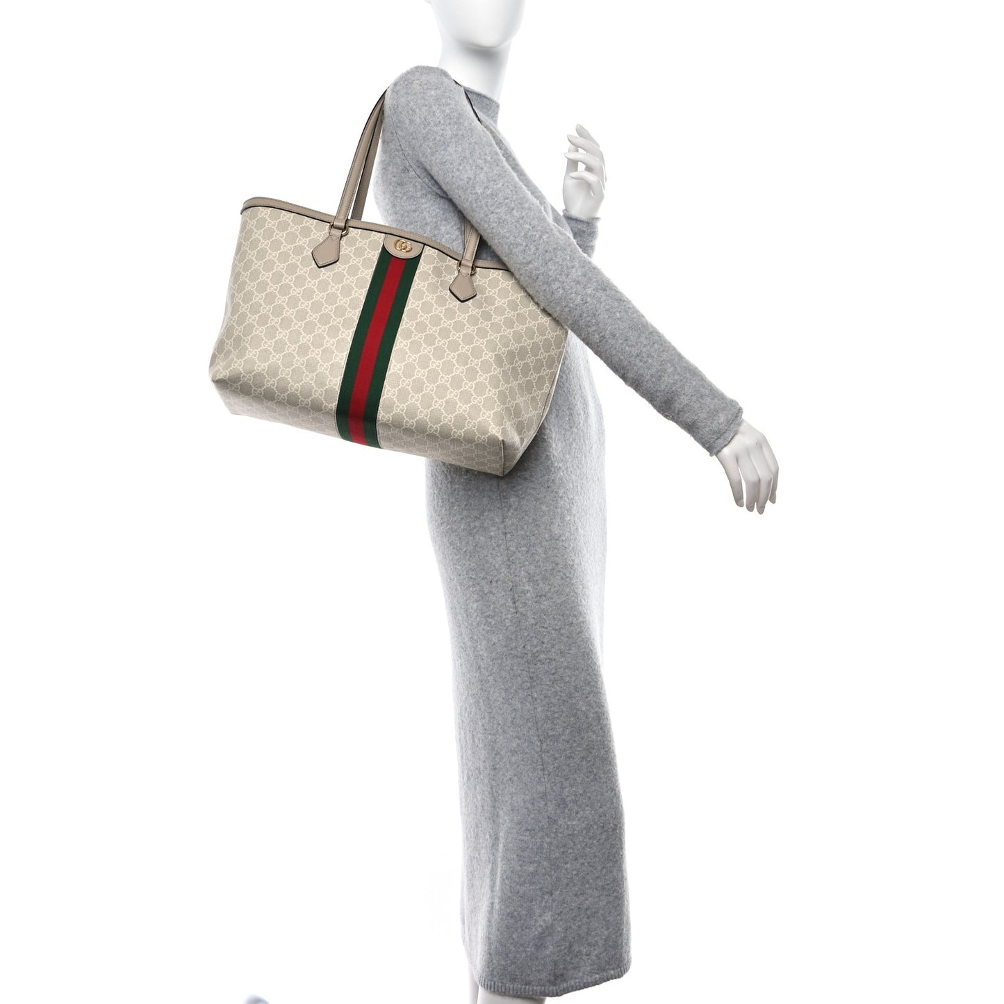 GG Supreme Monogram Textured Dollar Calfskin Web Medium Ophidia Shopping Tote Beige Mystic White Oatmeal