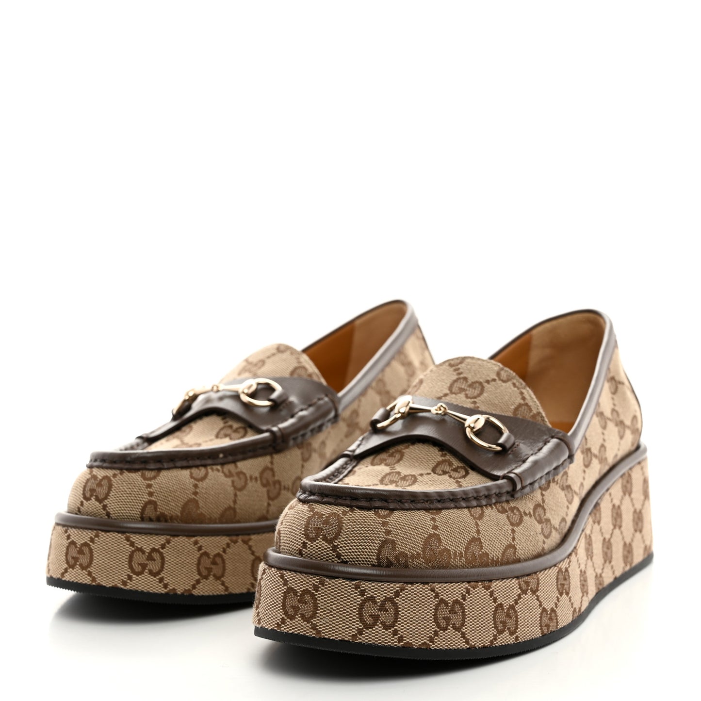 Monogram Horsebit Calfskin Womens Horsebit Wedge Platform Loafers 40 Beige Ebony