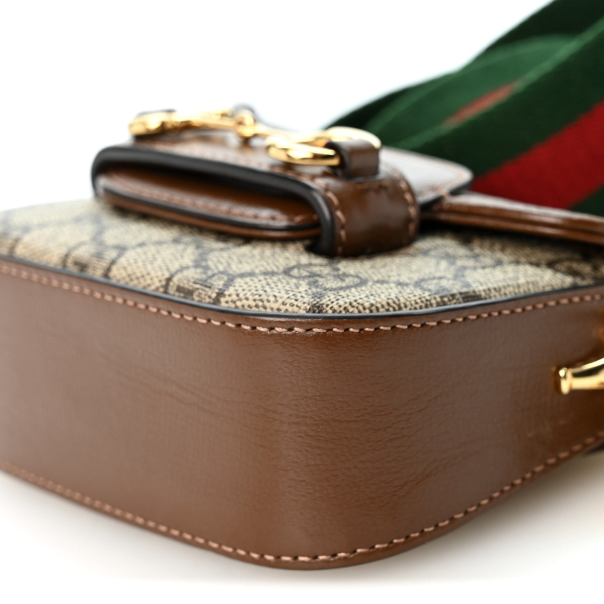 GG Supreme Monogram Azalea Calfskin Web Horsebit 1955 Wallet On Strap Beige Ebony Brown Sugar