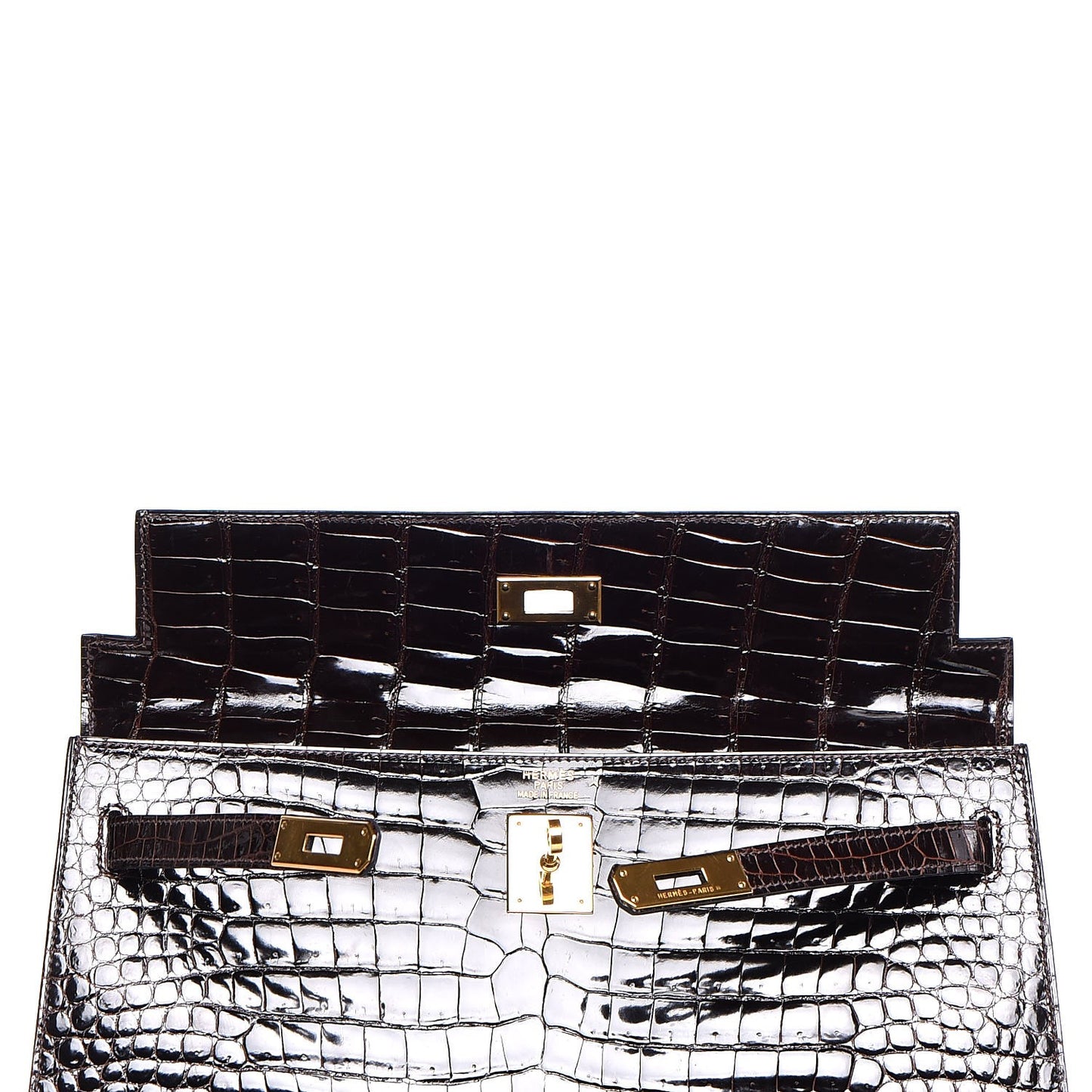 Shiny Porosus Crocodile Kelly Sellier 35 Havane