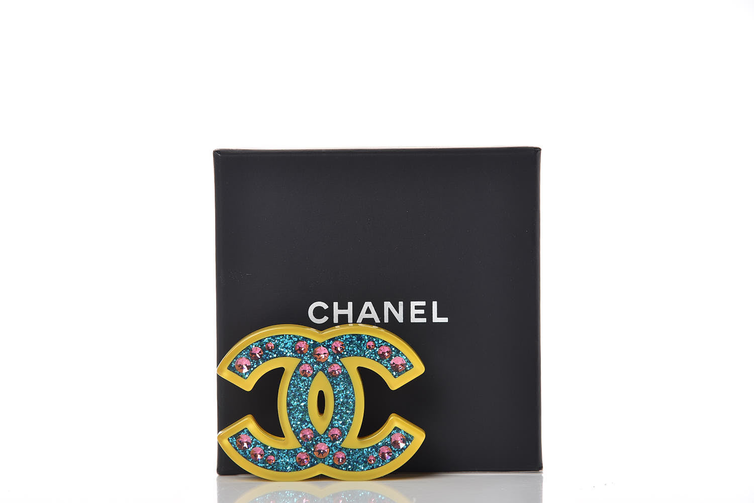 Chanel Resin Glitter Crystal CC Brooch Yellow Blue 6 of 6