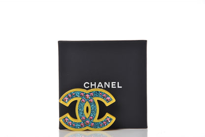 Chanel Resin Glitter Crystal CC Brooch Yellow Blue 6 of 6