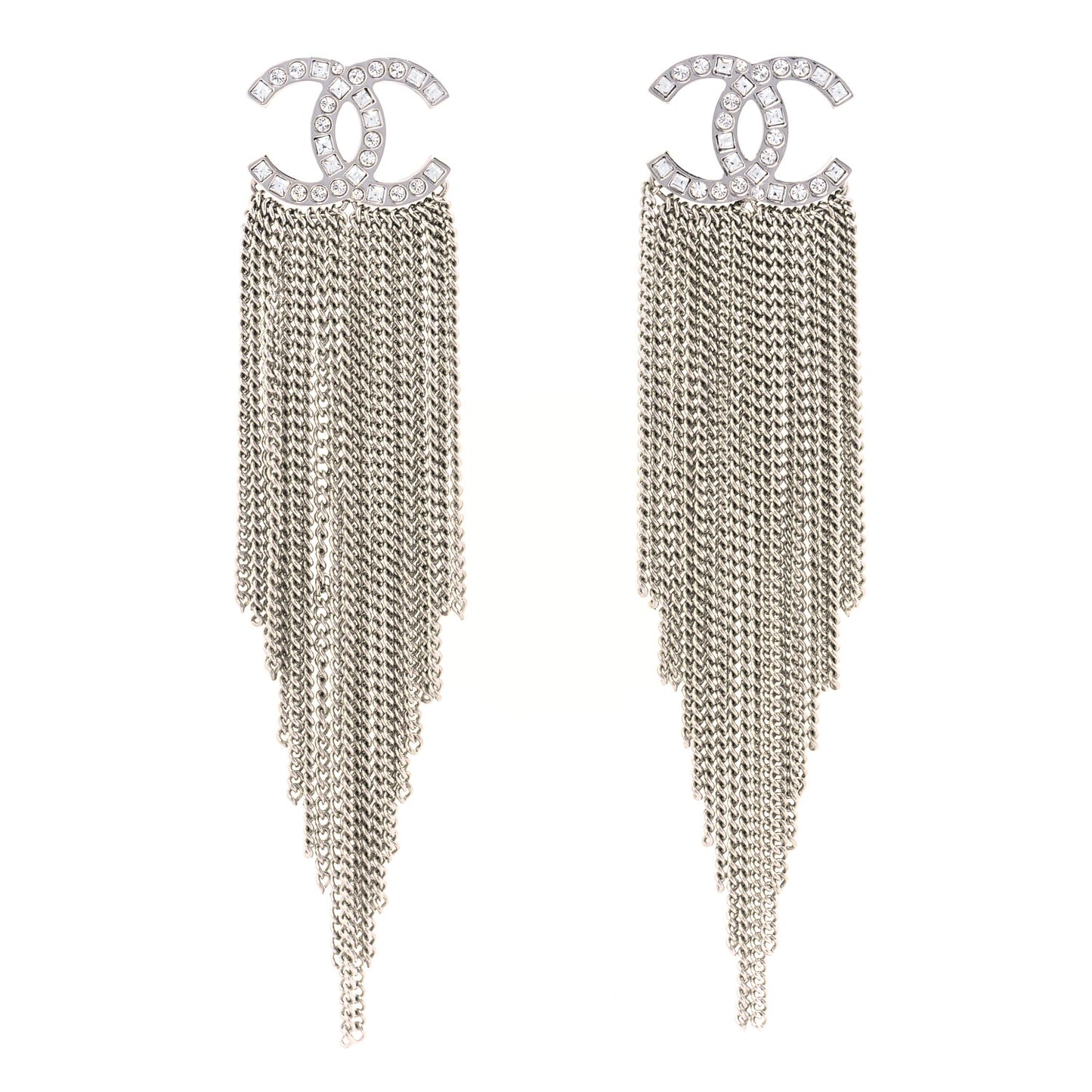 Baguette Crystal CC Chain Drop Earrings Silver