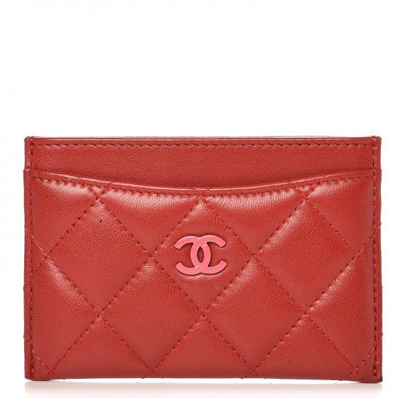 Lambskin Quilted Card Holder Red Pink