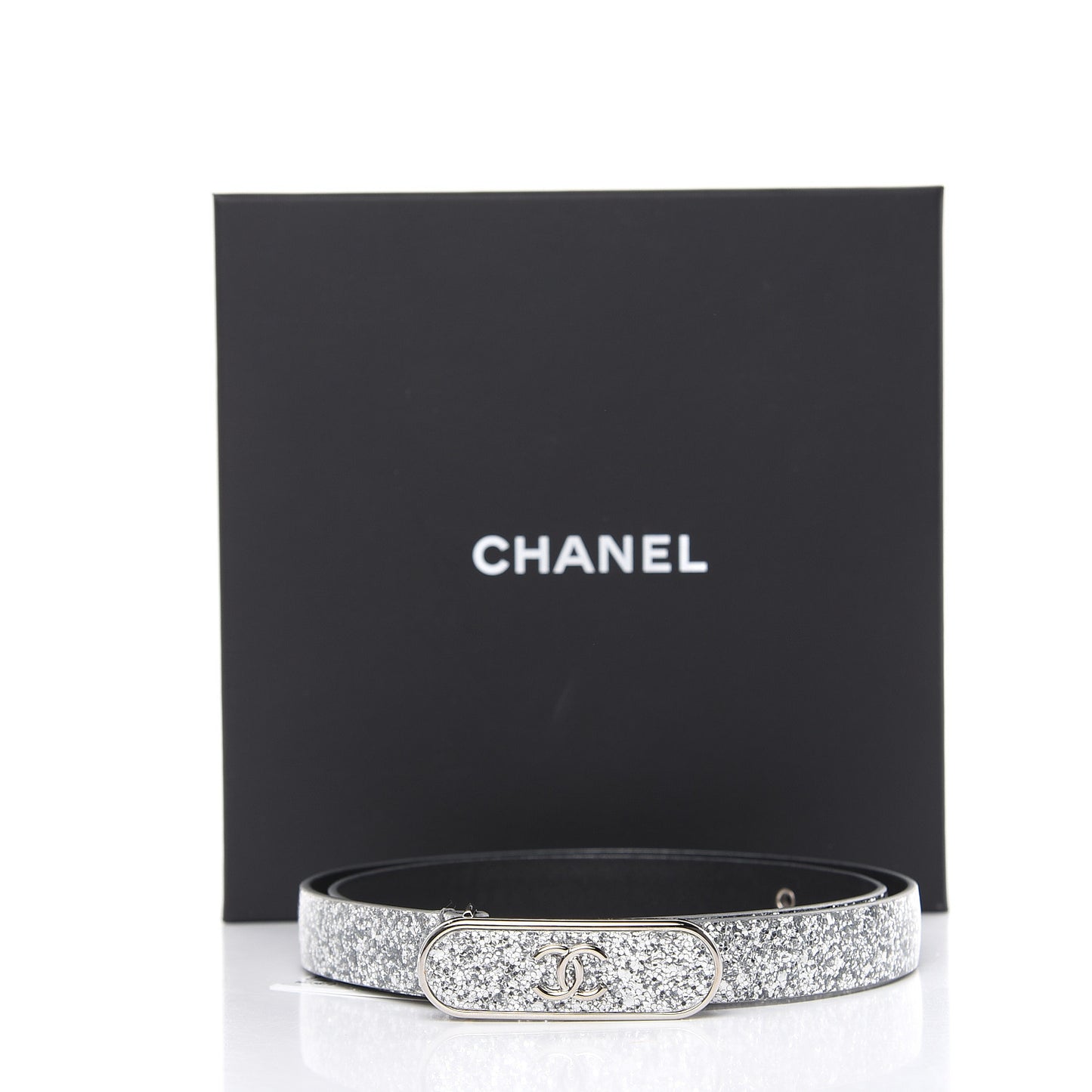 Glitter Calfskin CC Logo Skinny Belt 70 28 Silver