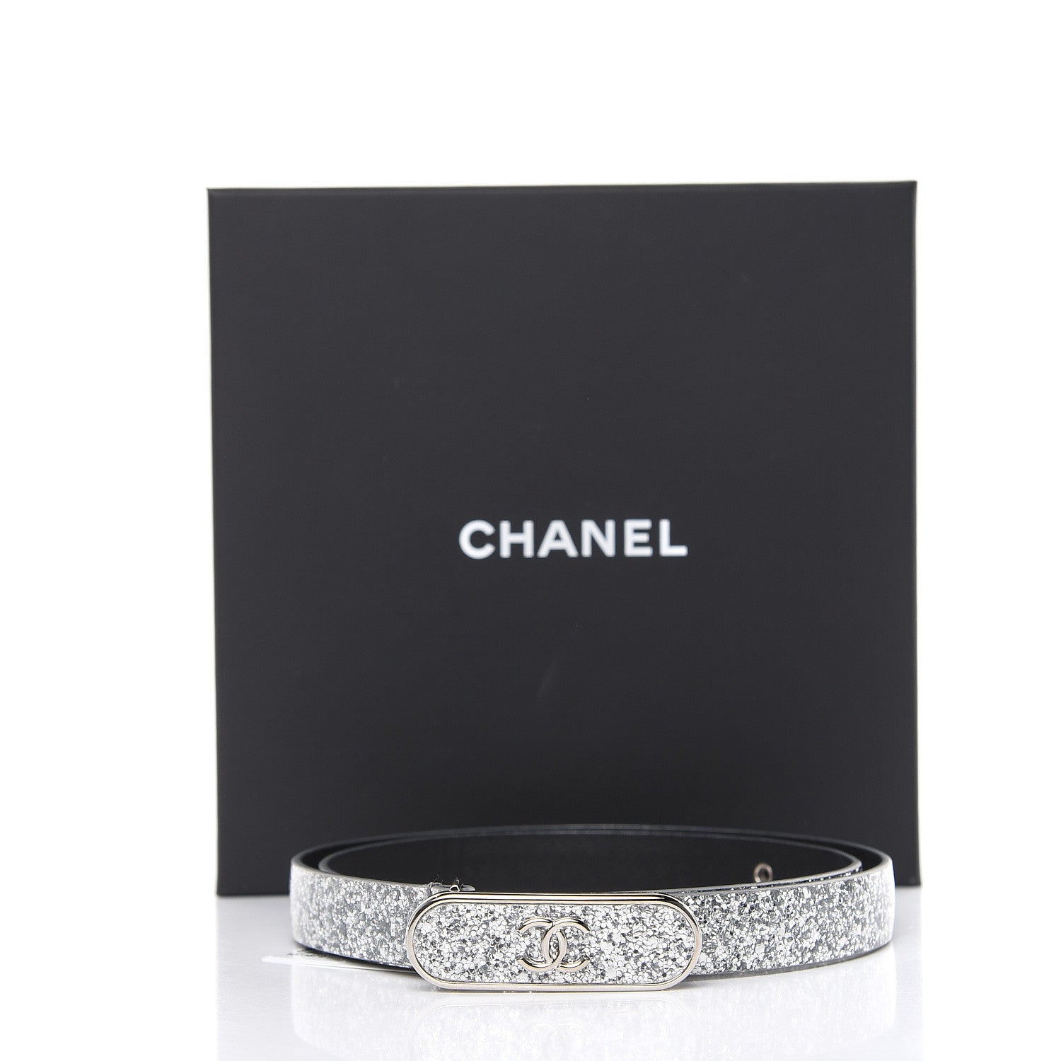 Chanel Glitter Calfskin CC Logo Skinny Belt 70 28 Silver 7 of 7
